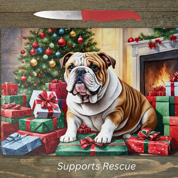 Christmas English Bulldog Kitchen Tempered Glass Cutting Board or Trivet - Picture 1 of 1